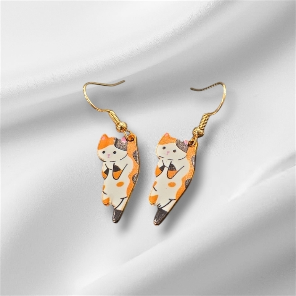 Cat Earrings with Orange and White Design
